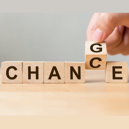 Chance or Change? Wooden letter blocks with a person flipping the letter C to a G 